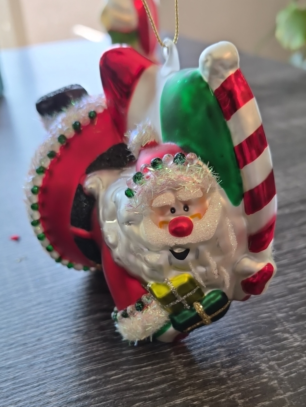 Hand-Painted Hand Blow Santa with Candy Cane Holiday Ornament - Red & Green